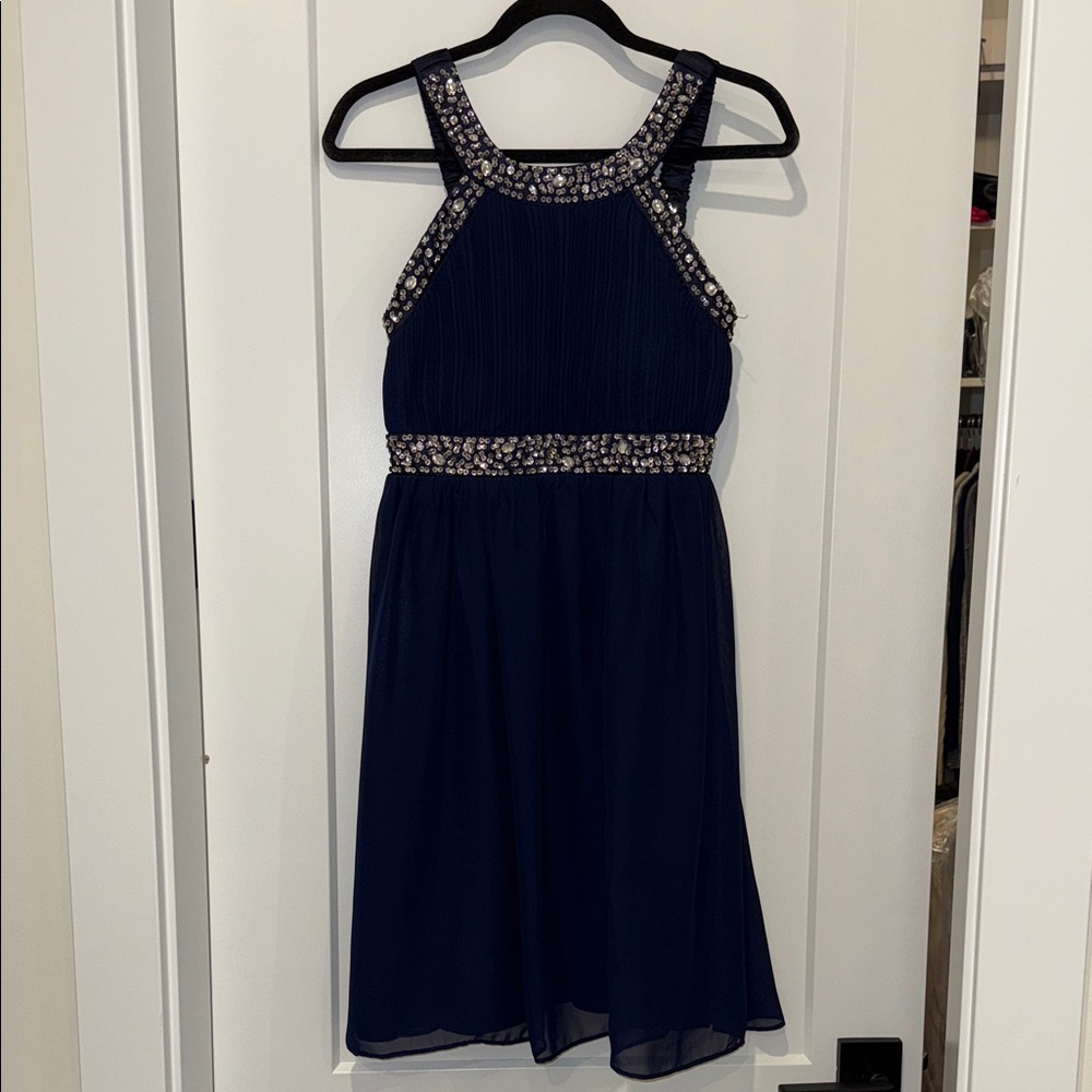 Jolie Navy Blue Bejeweled Midi Dress